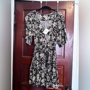 Faherty Black and Cream Floral Tie-Waist Midi Dress